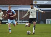 LEYLAND, ENGLAND - MAY 04: (THE SUN OUT, THE SUN ON SUNDAY OUT) Jarell Quansah of Liverpool and Joe McGlynn of Burnley in action during the Lancashire Senior Cup final at Lancashire FA County Ground on May 4, 2022 in Leyland, England. (Photo by Nick Taylor/Liverpool FC/Liverpool FC via Getty Images)