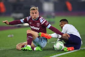 LONDON, ENGLAND - OCTOBER 13: Jarrod Bowen of West Ham United is challenged by Hannes Delcroix of Anderlecht during the UEFA Europa Conference League group B match between West Ham United and RSC Anderlecht at London Stadium on October 13, 2022 in London, England. (Photo by Justin Setterfield/Getty Images)