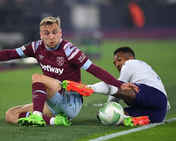 LONDON, ENGLAND - OCTOBER 13: Jarrod Bowen of West Ham United is challenged by Hannes Delcroix of Anderlecht during the UEFA Europa Conference League group B match between West Ham United and RSC Anderlecht at London Stadium on October 13, 2022 in London, England. (Photo by Justin Setterfield/Getty Images)