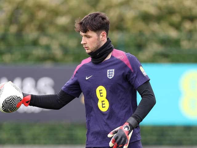 ENFIELD, ENGLAND - MARCH 25: James Trafford of England in action during a training session at Tottenham Hotspur Training Centre on March 25, 2024 in Enfield, England.  (Photo by Warren Little/Getty Images)