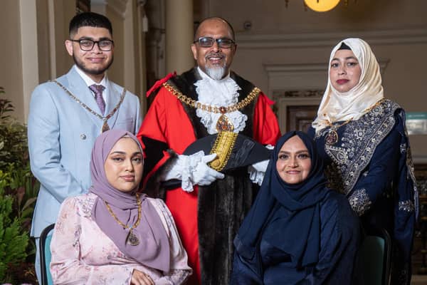 New Burnley Mayor Coun. Shah Hussein with his wife Shewly Akhtar, daughter Tahmina Hussain and sister Runa Khanom who will serve as his Mayoresses, with Mr Mohammed Shah Kamran Hussain acting as Consort