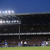 LIVERPOOL, ENGLAND - APRIL 03: A general view of the crowd watching from the Howard Kendall Gwladys Street End during the Premier League match between Everton FC and Tottenham Hotspur at Goodison Park on April 03, 2023 in Liverpool, England. (Photo by Stu Forster/Getty Images)