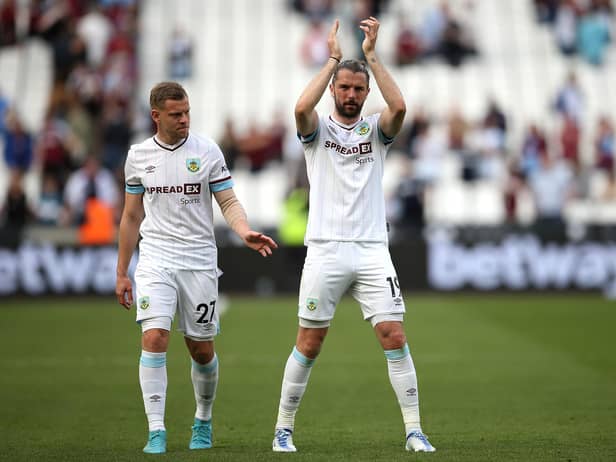 LONDON, ENGLAND - APRIL 17: Jay Rodriguez of Burnley applauds fans after the Premier League match between West Ham United and Burnley at London Stadium on April 17, 2022 in London, England. (Photo by Steve Bardens/Getty Images)