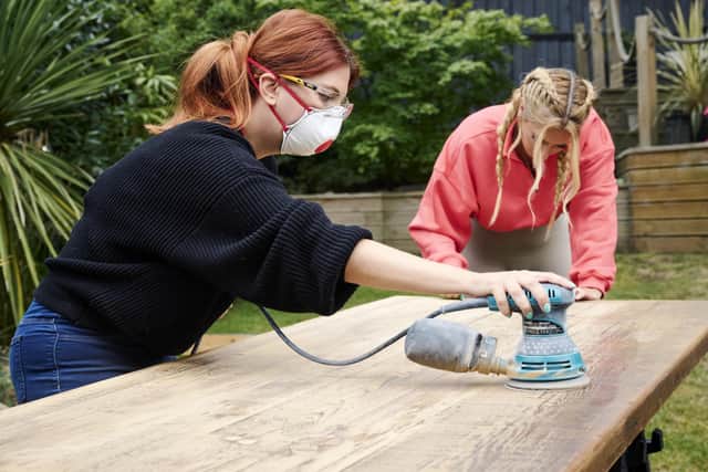 Caroline and Stacey get down to some DIY in the new series Stacey Solomon: Renovation Rescue (Picture: Matt McQuillan/Channel 4)