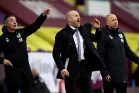 Sean Dyche, manager of Burnley gives his team instructions during the Premier League match between Burnley and West Bromwich Albion at Turf Moor on February 20, 2021.