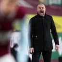 Sean Dyche, manager of Burnley, reacts during the Premier League match against Brighton & Hove Albion at Turf Moor on February 6, 2021.