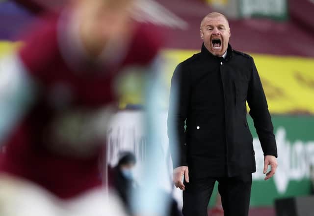 Sean Dyche, manager of Burnley, reacts during the Premier League match against Brighton & Hove Albion at Turf Moor on February 6, 2021.