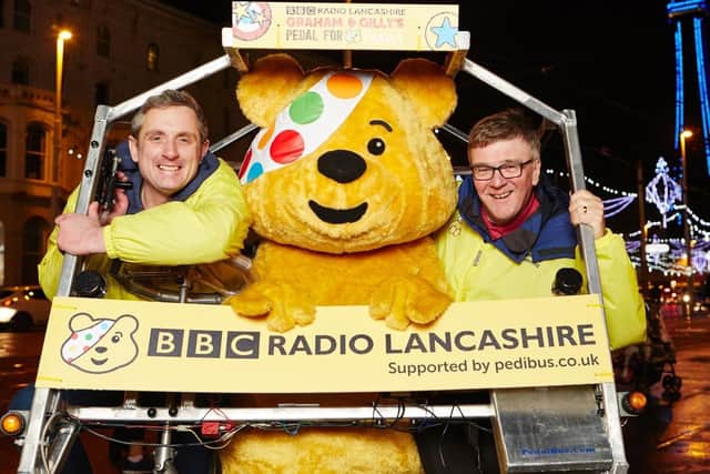 BBC Radio Lancashires Graham Liver and Gilly or John Gillmore in the BBC Children in Need Pudsey Mobile. 