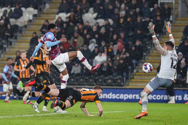 Burnley's Nathan Tella scores his side's second goal 

The EFL Sky Bet Championship - Hull City v Burnley - Wednesday 15th March 2023 - MKM Stadium - Kingston upon Hull