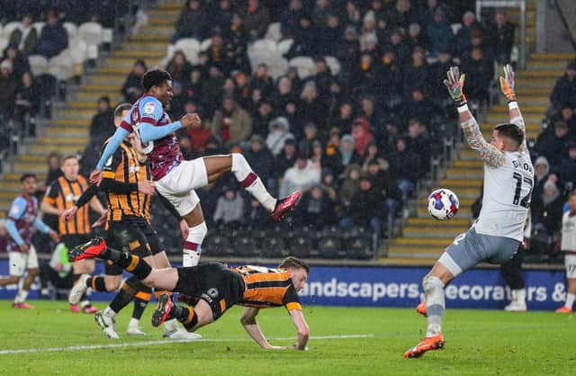 Burnley's Nathan Tella scores his side's second goal 

The EFL Sky Bet Championship - Hull City v Burnley - Wednesday 15th March 2023 - MKM Stadium - Kingston upon Hull