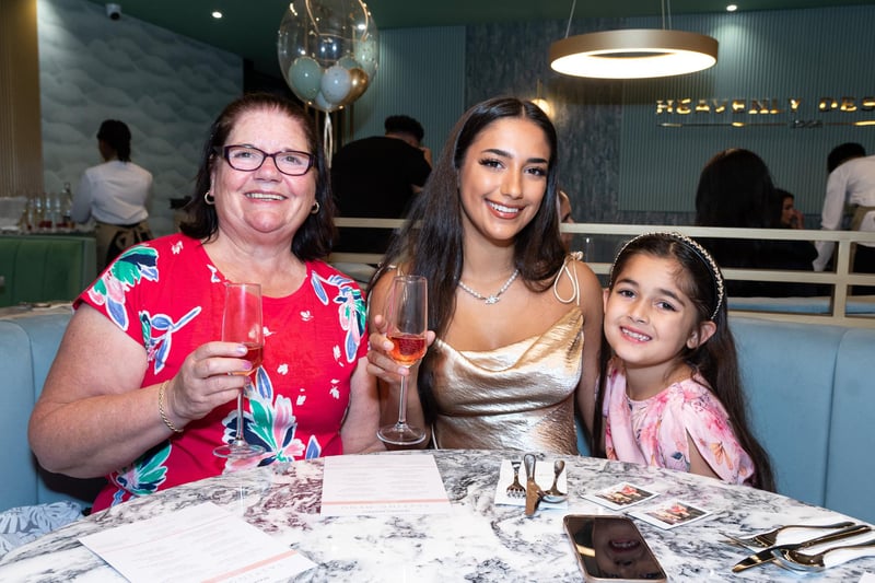 Pauline Roberts, Shakira Khan and Skyler-Rose at the opening night of Heavenly Desserts at Pioneer Place in Burnley. Photo: Kelvin Lister-Stuttard
