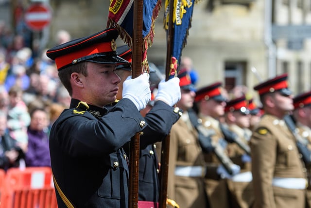 The 1st Battalion of the Duke of Lancaster's Regiment stand to attention during their inspection in Clitheroe.