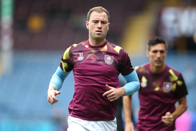 BURNLEY, ENGLAND - AUGUST 06: Ashley Barnes of Burnley warms up ahead of kickoff during the Sky Bet Championship match between Burnley and Luton Town at Turf Moor on August 06, 2022 in Burnley, England. (Photo by Ashley Allen/Getty Images)