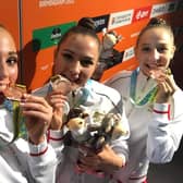 Marfa Ekimova, Saffron Severn & Alice Leaper - Team England Rhythmic Gymnasts with their bronze medals at the Commonwealth Games.