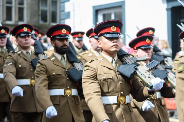 The 1st Battalion of the Duke of Lancaster's Regiment supported by the British Army Band Catterick march through Clitheroe. Photo: Kelvin Stuttard