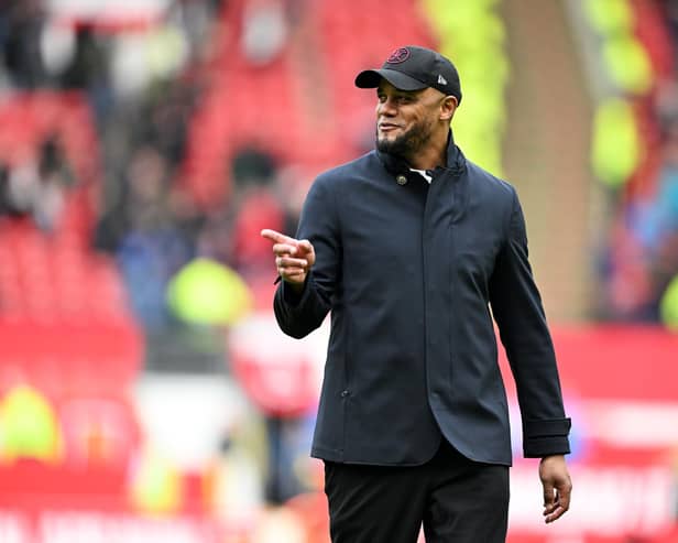 MANCHESTER, ENGLAND - APRIL 27: Vincent Kompany, Manager of Burnley, gestures after the Premier League match between Manchester United and Burnley FC at Old Trafford on April 27, 2024 in Manchester, England. (Photo by Michael Regan/Getty Images)