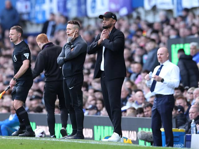 LIVERPOOL, ENGLAND - APRIL 06: Vincent Kompany, Manager of Burnley, looks on during the Premier League match between Everton FC and Burnley FC at Goodison Park on April 06, 2024 in Liverpool, England. (Photo by Jan Kruger/Getty Images) (Photo by Jan Kruger/Getty Images)