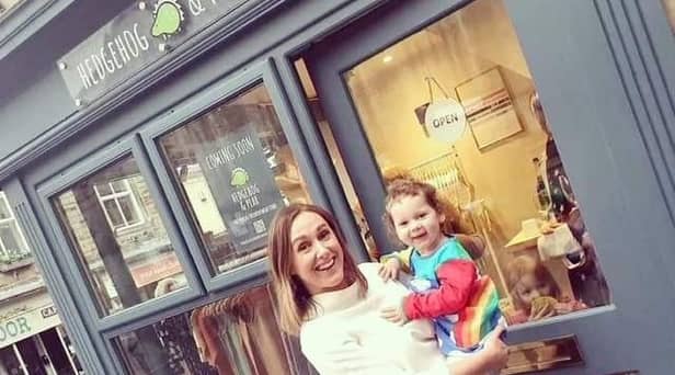 Melanie Riding, (pictured here with her daughter  Emily)  is  owner of childrenswear shop Hedgehog and Pear which is hosting a facebook live auction tomorrow night with  family-friendly cafe, Violet's. Both businesses are based in Clitheroe