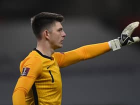 England's goalkeeper Nick Pope gestures during the FIFA World Cup Qatar 2022 qualification Group I football match between Albania and England at the Arena Kombetare (Air Albania Stadium), in Tirana, on March 28, 2021. (Photo by OZAN KOSE / AFP) (Photo by OZAN KOSE/AFP via Getty Images)