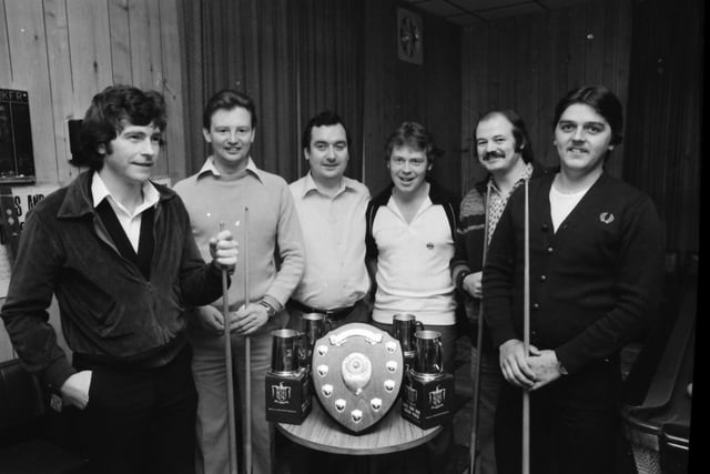 Duncan McNally, Kevin Stansfield, Neville Gee, (marker), Stuart Caddy, (referee), Arthur Brown and Mark Farrar.
The final of the Whitbread snooker pairs £110 handicap produced a convincing win for the Jimmy Nelson’s pairing of Duncan McNally and Kevin Stansfield over Arthur Brown and Mark Farrar (Byerden House).