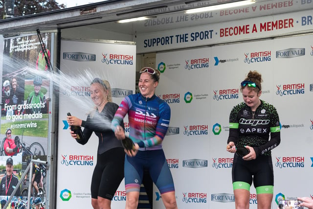 Winners of the womens race celebrate on the podium at the Colne Grand Prix 2023. Photo: Kelvin Lister-Stuttard
