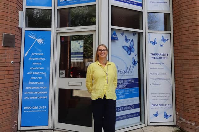 Shelley Perry outside Breathe Therapies Eating Disorder Help & Wellbeing Services.