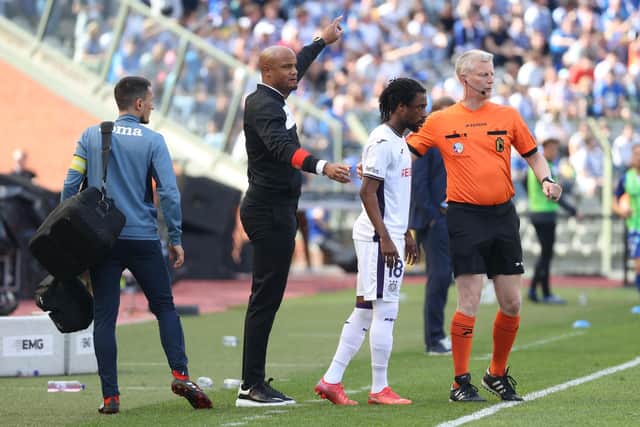 Anderlecht's head coach Vincent Kompany and Anderlecht's Majeed Ashimeru pictured during the Belgian Cup final (Croky Cup) match between Belgian first league soccer teams KAA Gent and RSC Anderlecht, Monday 18 April 2022 at the King Baudouin stadium in Brussels. BELGA PHOTO VIRGINIE LEFOUR (Photo by VIRGINIE LEFOUR / BELGA MAG / Belga via AFP) (Photo by VIRGINIE LEFOUR/BELGA MAG/AFP via Getty Images)