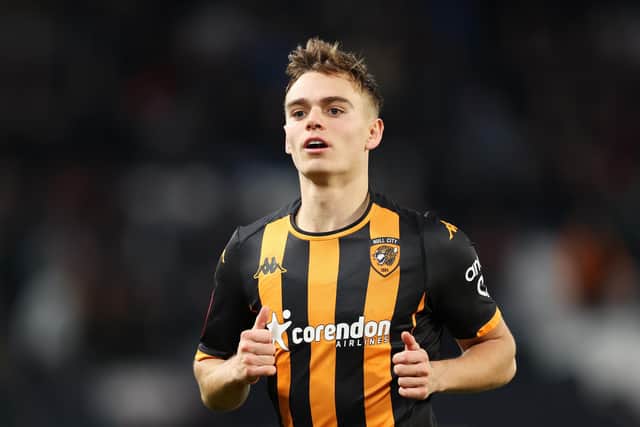 HULL, ENGLAND - JANUARY 06: Scott Twine of Hull City during the Emirates FA Cup Third Round match between Hull City and Birmingham City at MKM Stadium on January 06, 2024 in Hull, England. (Photo by Matt McNulty/Getty Images)