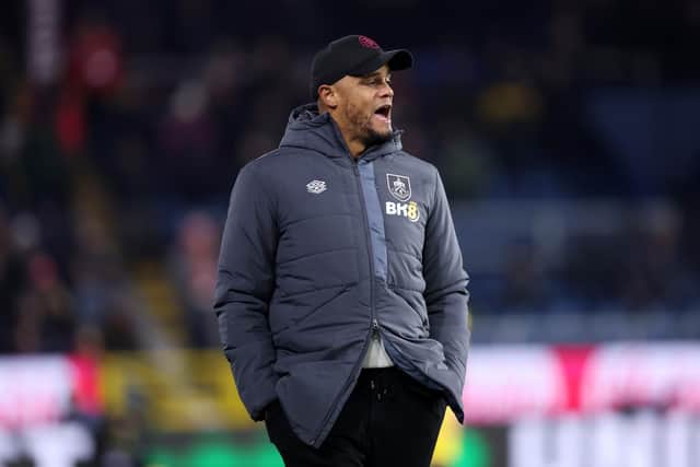 BURNLEY, ENGLAND - DECEMBER 02: Vincent Kompany, Manager of Burnley, gives the team instructions during the Premier League match between Burnley FC and Sheffield United at Turf Moor on December 02, 2023 in Burnley, England. (Photo by Nathan Stirk/Getty Images)