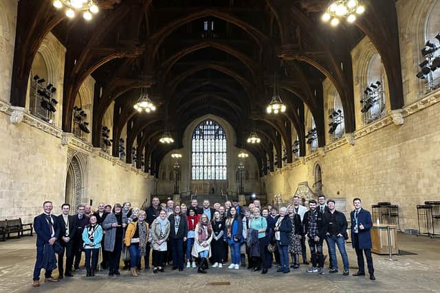 A shot of the people from Burnley, taken on the Great Hall inside the Palace of Westminster,  who went on MP Antony Higginbotham's recent trip to London to visit the Houses of Parliament