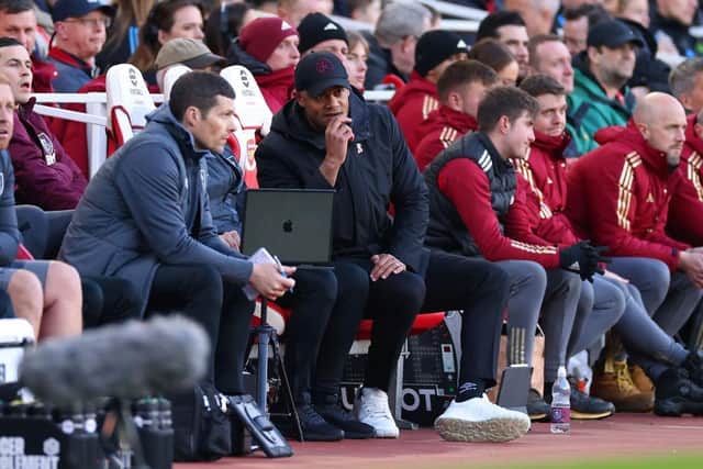 LONDON, ENGLAND - NOVEMBER 11: Vincent Kompany, Manager of Burnley, looks on during the Premier League match between Arsenal FC and Burnley FC at Emirates Stadium on November 11, 2023 in London, England. (Photo by Marc Atkins/Getty Images)