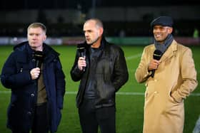 SALFORD, ENGLAND - DECEMBER 04: The BBC pundits (L-R) Paul Scholes, part owner of Salford City and former players Danny Murphy and Trevor Sinclair talk prior to the Emirates FA Cup Second Round match between Salford City and Hartlepool United at Moor Lane on December 4, 2015 in Salford, England. (Photo by Alex Livesey/Getty Images)