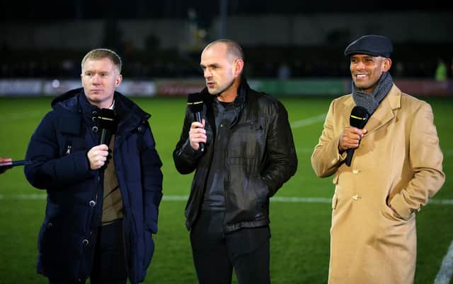 SALFORD, ENGLAND - DECEMBER 04:  The BBC pundits (L-R) Paul Scholes, part owner of Salford City and former players Danny Murphy and Trevor Sinclair talk prior to the Emirates FA Cup Second Round match between Salford City and Hartlepool United at Moor Lane on December 4, 2015 in Salford, England.  (Photo by Alex Livesey/Getty Images)