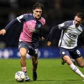 PRESTON, ENGLAND - OCTOBER 20: Callum O'Hare of Coventry City and Alan Browne of Preston North End battle for possession  during the Sky Bet Championship match between Preston North End and Coventry City at Deepdale on October 20, 2021 in Preston, England. (Photo by Lewis Storey/Getty Images)