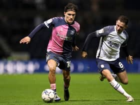 PRESTON, ENGLAND - OCTOBER 20: Callum O'Hare of Coventry City and Alan Browne of Preston North End battle for possession  during the Sky Bet Championship match between Preston North End and Coventry City at Deepdale on October 20, 2021 in Preston, England. (Photo by Lewis Storey/Getty Images)