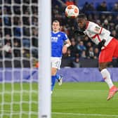 LEICESTER, ENGLAND - NOVEMBER 04: Victor Moses of Spartak Moscow scores their side's first goal during the UEFA Europa League group C match between Leicester City and Spartak Moskva at The Leicester City Stadium on November 04, 2021 in Leicester, England. (Photo by Michael Regan/Getty Images)