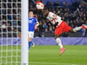 LEICESTER, ENGLAND - NOVEMBER 04: Victor Moses of Spartak Moscow scores their side's first goal during the UEFA Europa League group C match between Leicester City and Spartak Moskva at The Leicester City Stadium on November 04, 2021 in Leicester, England. (Photo by Michael Regan/Getty Images)