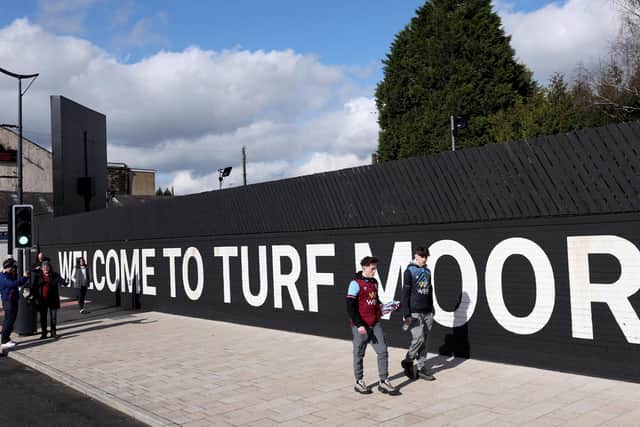 BURNLEY, ENGLAND - MARCH 03: A general view of a "Welcome To Turf Moor" sign, as fans of Burnley arrive, prior to the Premier League match between Burnley FC and AFC Bournemouth at Turf Moor on March 03, 2024 in Burnley, England. (Photo by Alex Livesey/Getty Images)