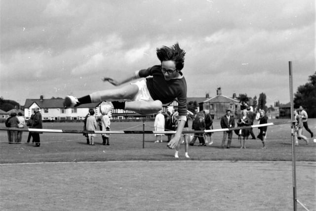Byron Street, Burnley. September 1970. Stewart Wallace (13), a competitor in the third year high jump.