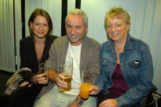 Vikki Thompson, with Tony and Sally Edmundson, enjoying a drink in the bar during the Shakespeare for Schools Festival at the Charter Theatre