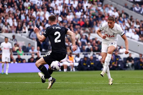 LONDON, ENGLAND - MAY 11: Micky van de Ven of Tottenham Hotspur scores his team's second goal during the Premier League match between Tottenham Hotspur and Burnley FC at Tottenham Hotspur Stadium on May 11, 2024 in London, England. (Photo by Bryn Lennon/Getty Images)