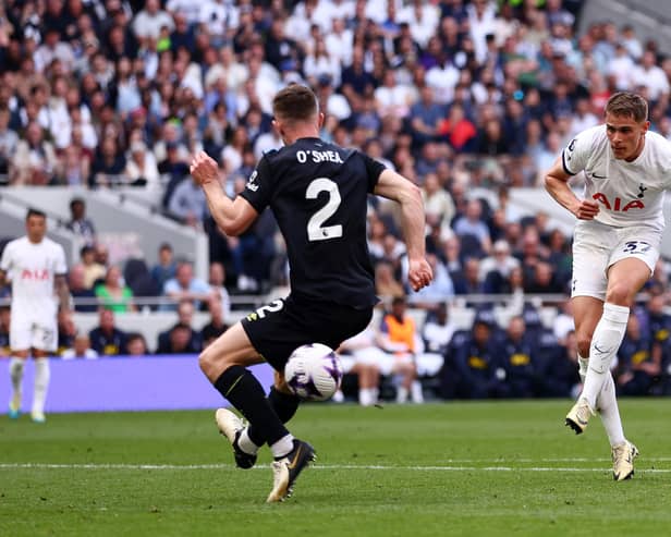 LONDON, ENGLAND - MAY 11: Micky van de Ven of Tottenham Hotspur scores his team's second goal during the Premier League match between Tottenham Hotspur and Burnley FC at Tottenham Hotspur Stadium on May 11, 2024 in London, England. (Photo by Bryn Lennon/Getty Images)