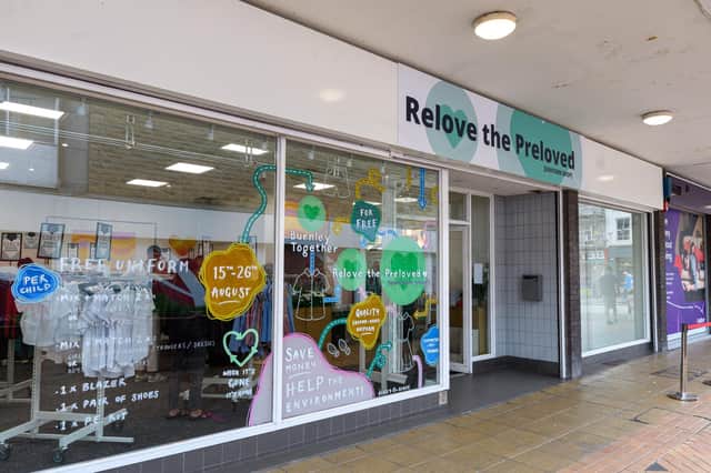 The exterior of Relove The Preloved uniform shop  in Burnley town centre that opened for the first time yesterday.