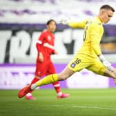 Anderlecht's goalkeeper Bart Verbruggen pictured in action during a soccer match between RSC Anderlecht and Royal Antwerp FC, Saturday 08 May 2021 in Brussels, on the day 2 out of 6, in the 'Champions' play-offs' of the 'Jupiler Pro League' first division of the Belgian championship. BELGA PHOTO VIRGINIE LEFOUR (Photo by VIRGINIE LEFOUR/BELGA MAG/AFP via Getty Images)