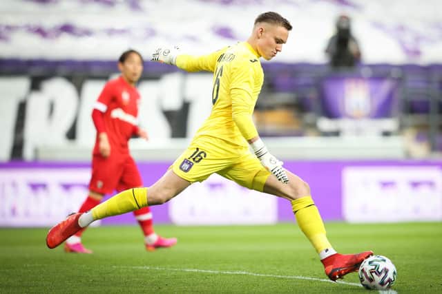 Anderlecht's goalkeeper Bart Verbruggen pictured in action during a soccer match between RSC Anderlecht and Royal Antwerp FC, Saturday 08 May 2021 in Brussels, on the day 2 out of 6, in the 'Champions' play-offs' of the 'Jupiler Pro League' first division of the Belgian championship. BELGA PHOTO VIRGINIE LEFOUR (Photo by VIRGINIE LEFOUR/BELGA MAG/AFP via Getty Images)