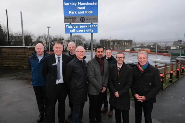Pictured at the opening of the new car park extension at Burnley's Manchester Road railway station are (left to right) Simon Ashworth, car parks manager for Northern Trains, Owain Roberts, regional stakeholder manager for Northern Trains, Richard Watts, chair of Community Rail Lancashire, Mark Rawstron, board member of Lancashire Enterprise Partnership, Cllr Afrasiab Anwar, leader of Burnley Borough Council, Mike Cliffe, rail development manager for Lancashire County Council, County Councillor Aidy Riggott, cabinet member for economic development and growth for Lancashire County Council, Cllr Mark Townsend, executive member for economy and growth, Burnley Borough Council.