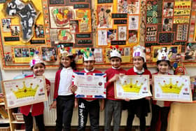 Some of the 5,000 children who were invited to take part in a design a crown competition as part of the King's coronation day celebrations in Nelson
