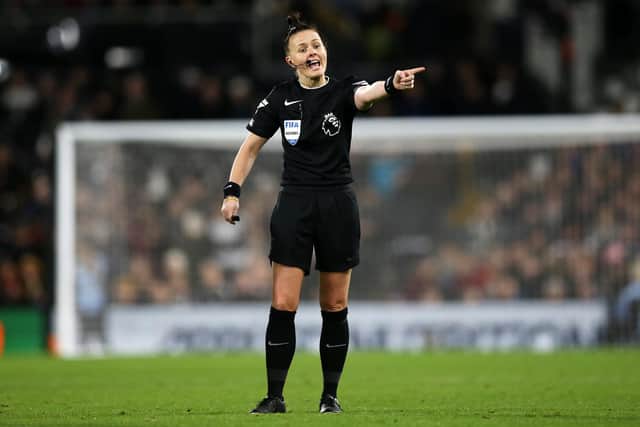 LONDON, ENGLAND - DECEMBER 23: Referee Rebecca Welch gestures during the Premier League match between Fulham FC and Burnley FC at Craven Cottage on December 23, 2023 in London, England. (Photo by Steve Bardens/Getty Images)