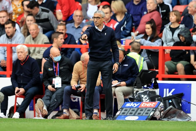 NOTTINGHAM, ENGLAND - SEPTEMBER 12:  Chris Hughton, the Nottingham Forest manager issues instructions during the Sky Bet Championship match between Nottingham Forest and Cardiff City at City Ground on September 12, 2021 in Nottingham, England. (Photo by David Rogers/Getty Images)