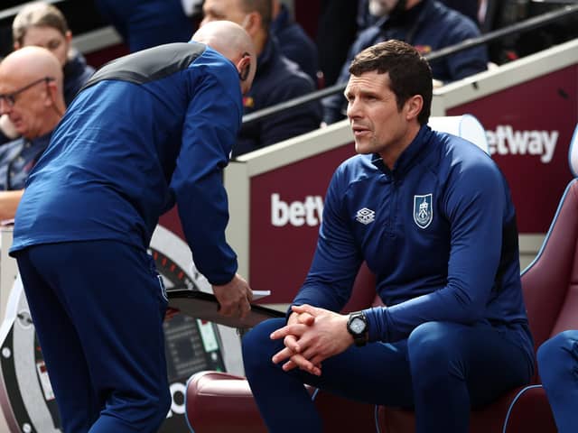 LONDON, ENGLAND - APRIL 17: Mike Jackson, Caretaker Manager of Burnley looks on from the dugout prior to the Premier League match between West Ham United and Burnley at London Stadium on April 17, 2022 in London, England. (Photo by Ryan Pierse/Getty Images)